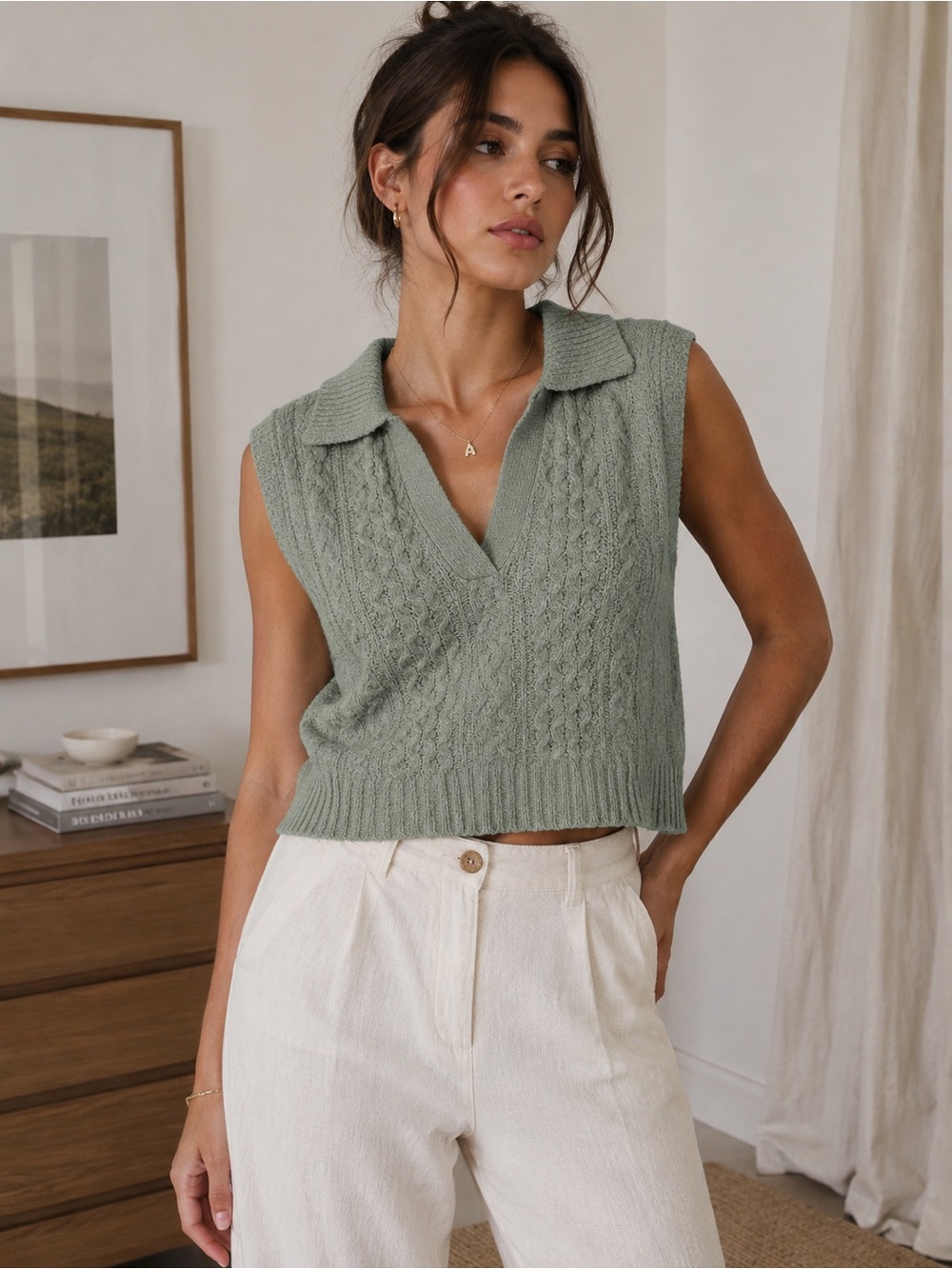 Pink Rose Crop Cable-Knit V-Neck Collared Sweater Vest Green Academia Preppy